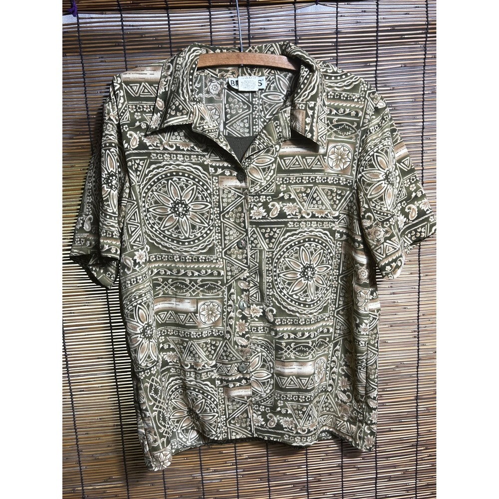 Briggs Vintage Olive Green Geometric Print Button Down Shirt Camisole Set M
